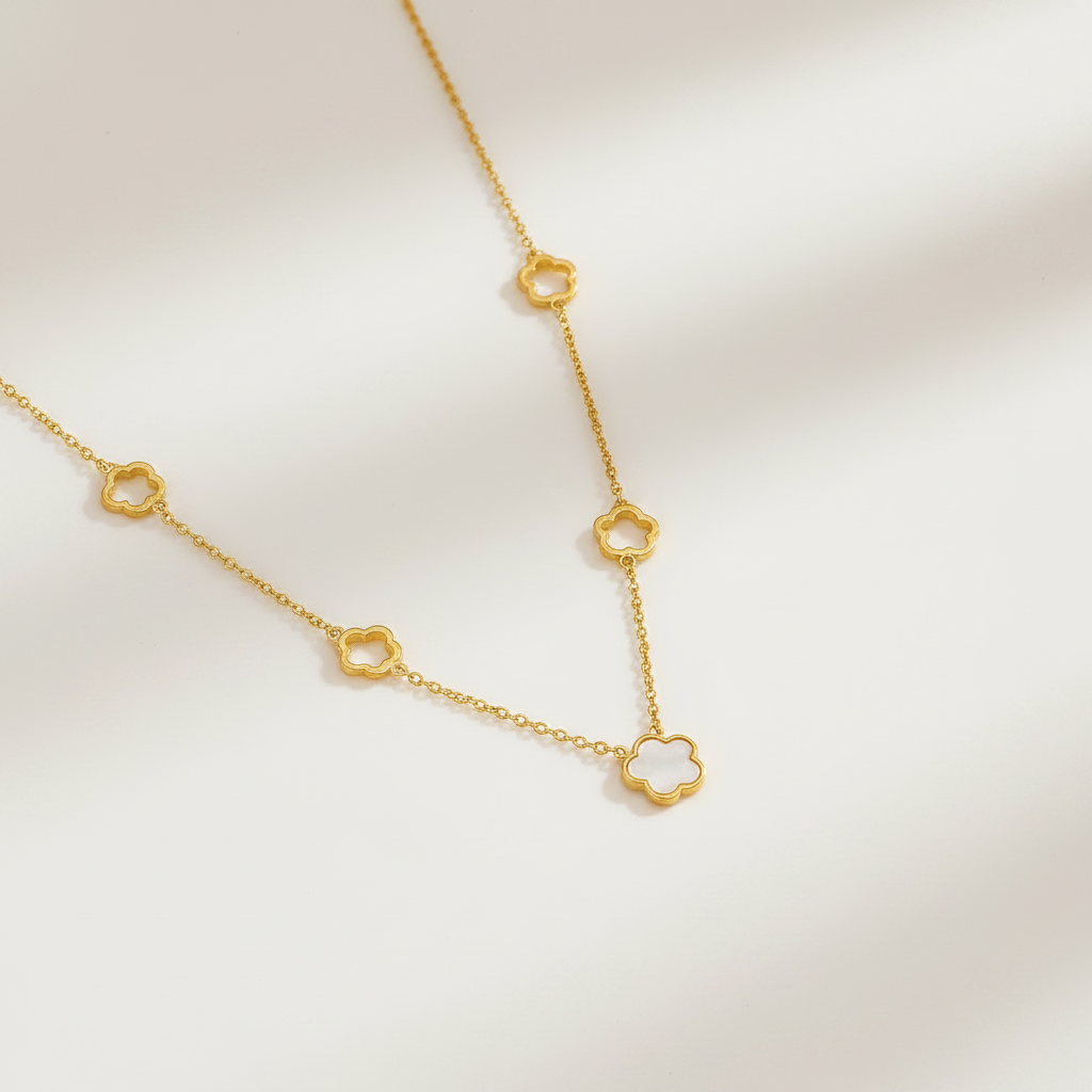 Duo Collier Bracelet Email Trèfle Blanc