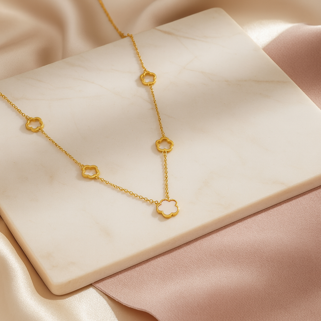 Duo Collier Bracelet Email Trèfle Blanc