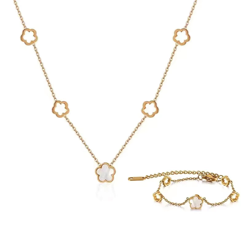 Duo Collier Bracelet Email Trèfle Blanc