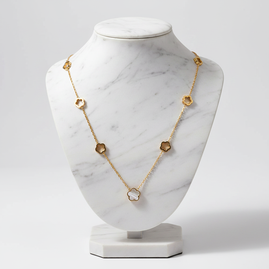 Duo Collier Bracelet Email Trèfle Blanc