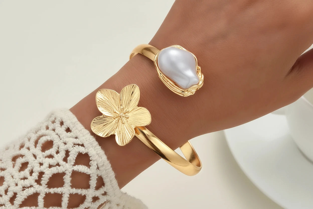 Bracelet Manchette Fleur & Perle