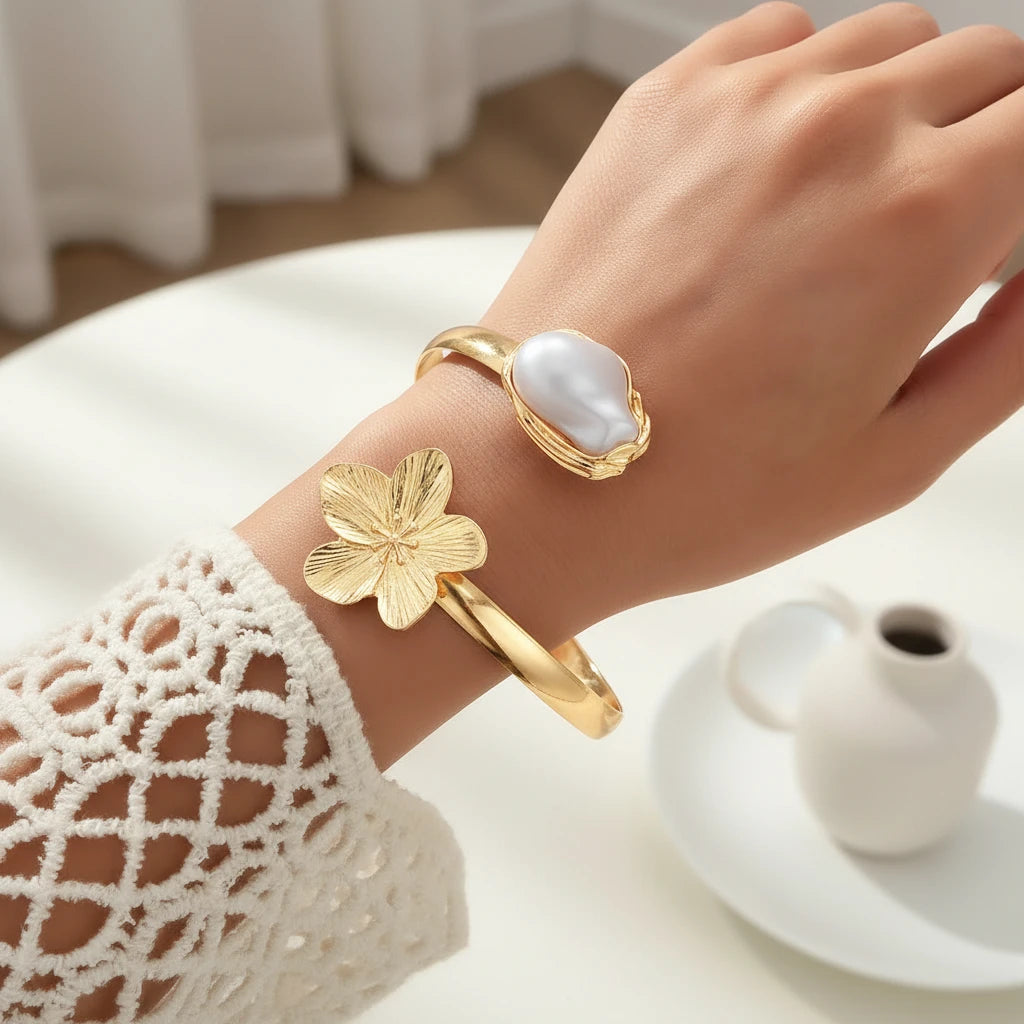 Bracelet Manchette Fleur & Perle