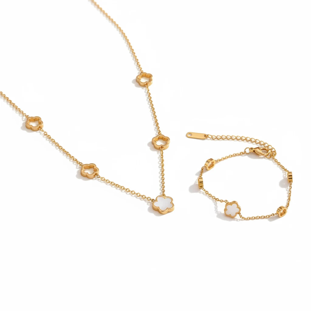 Duo Collier Bracelet Email Trèfle Blanc