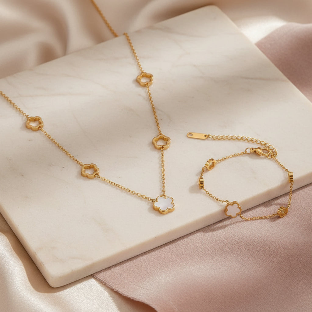 Duo Collier Bracelet Email Trèfle Blanc