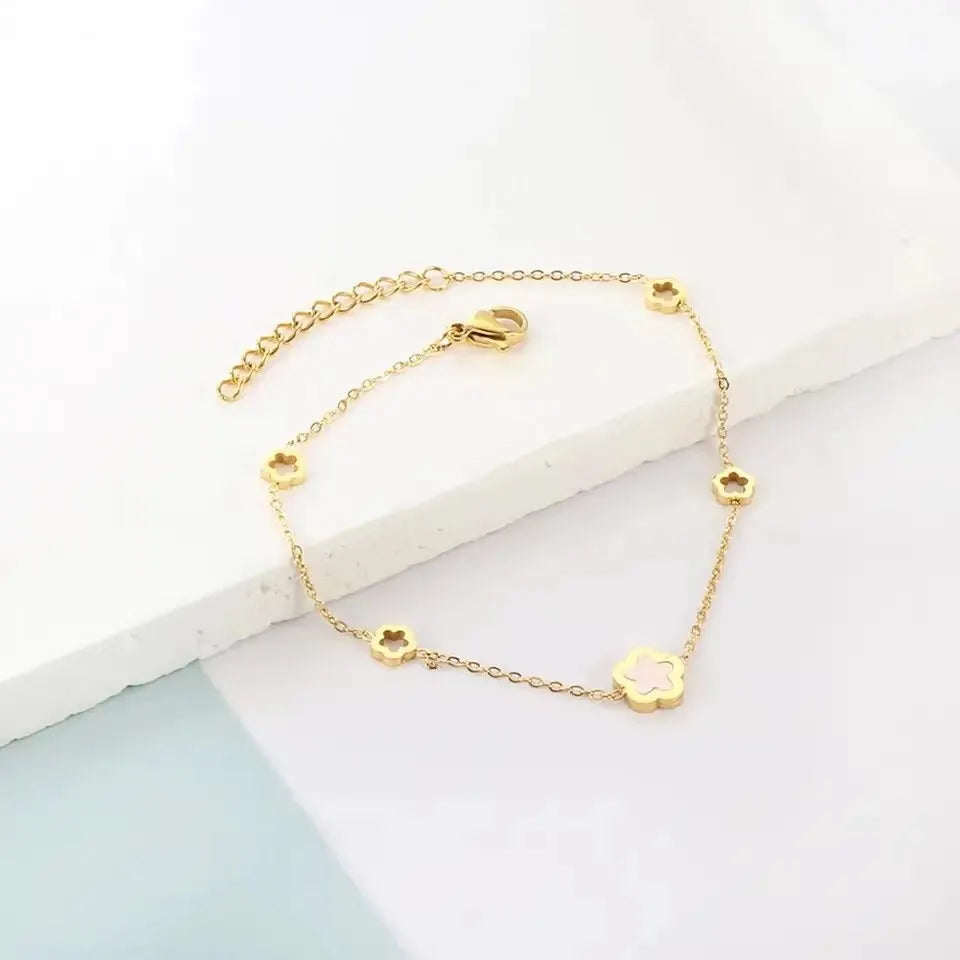 Duo Collier Bracelet Email Trèfle Blanc